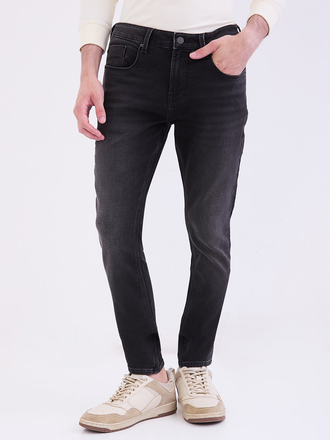 Spykar Carbon Black Mid Rise Slim Fit Casual Jeans For Men