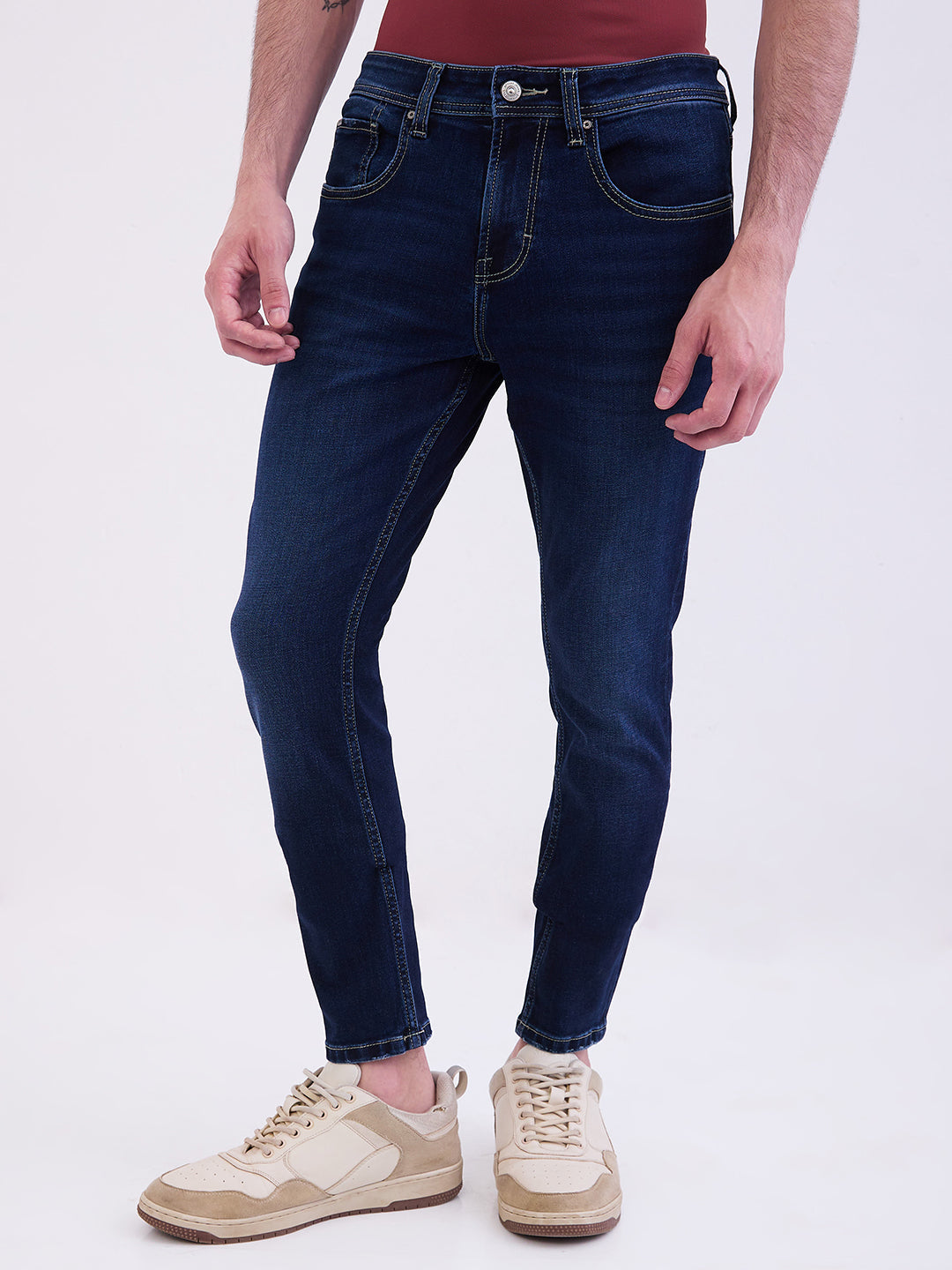 Men Jeans Slim Fit Dark Blue Mid Rise