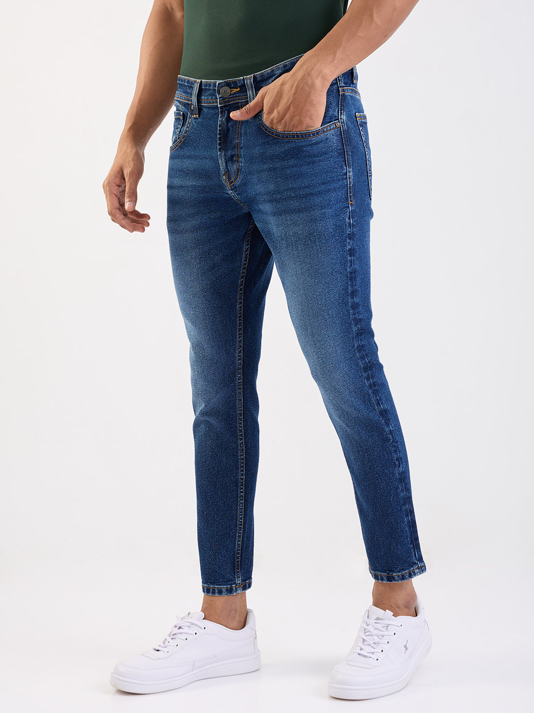 Men Jeans Slim Fit Dark Blue Mid Rise