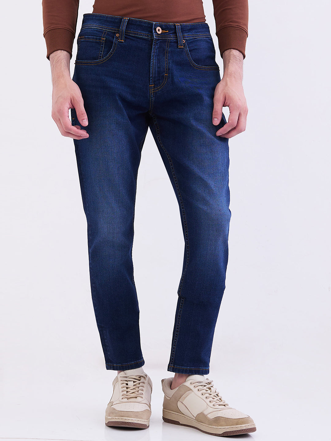 Men Jeans Slim Fit Dark Blue Mid Rise