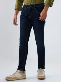 Men Jeans Slim Fit Dark Blue Mid Rise