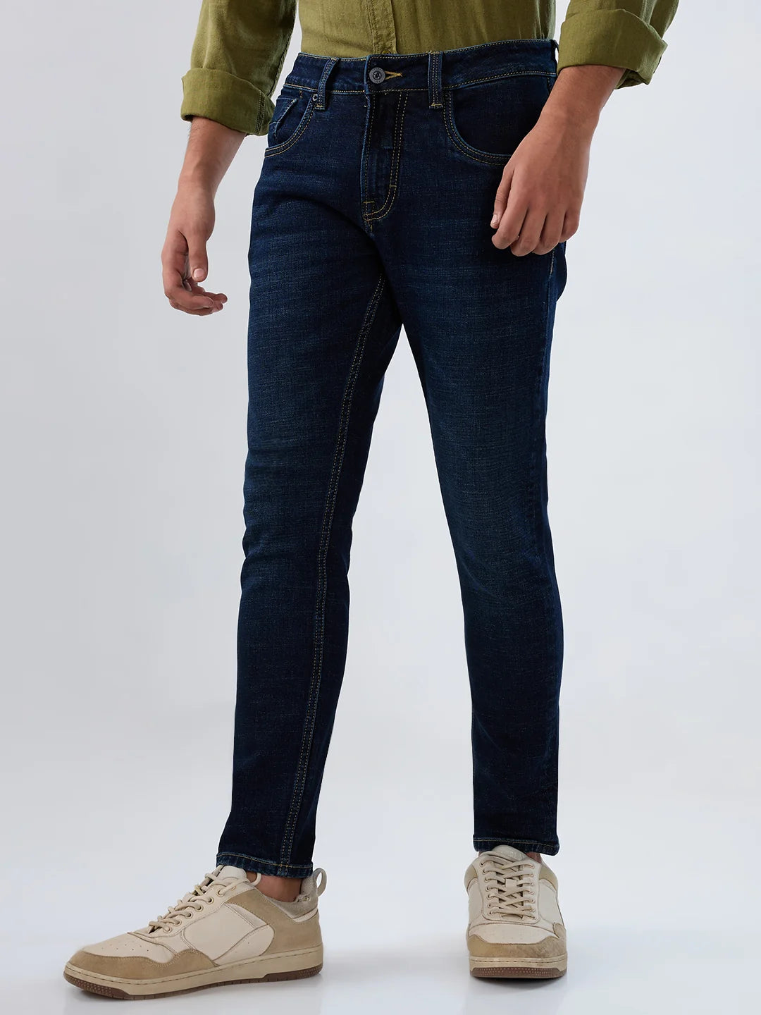 Men Jeans Slim Fit Dark Blue Mid Rise