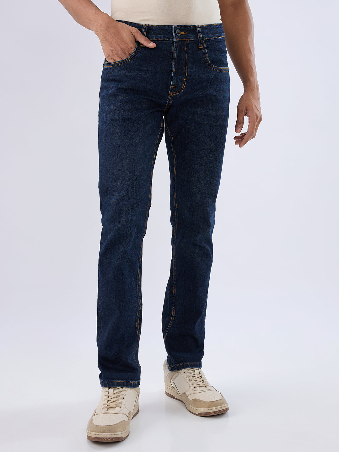 Spykar Dark Blue Regular Fit Mid Rise Jeans For Men