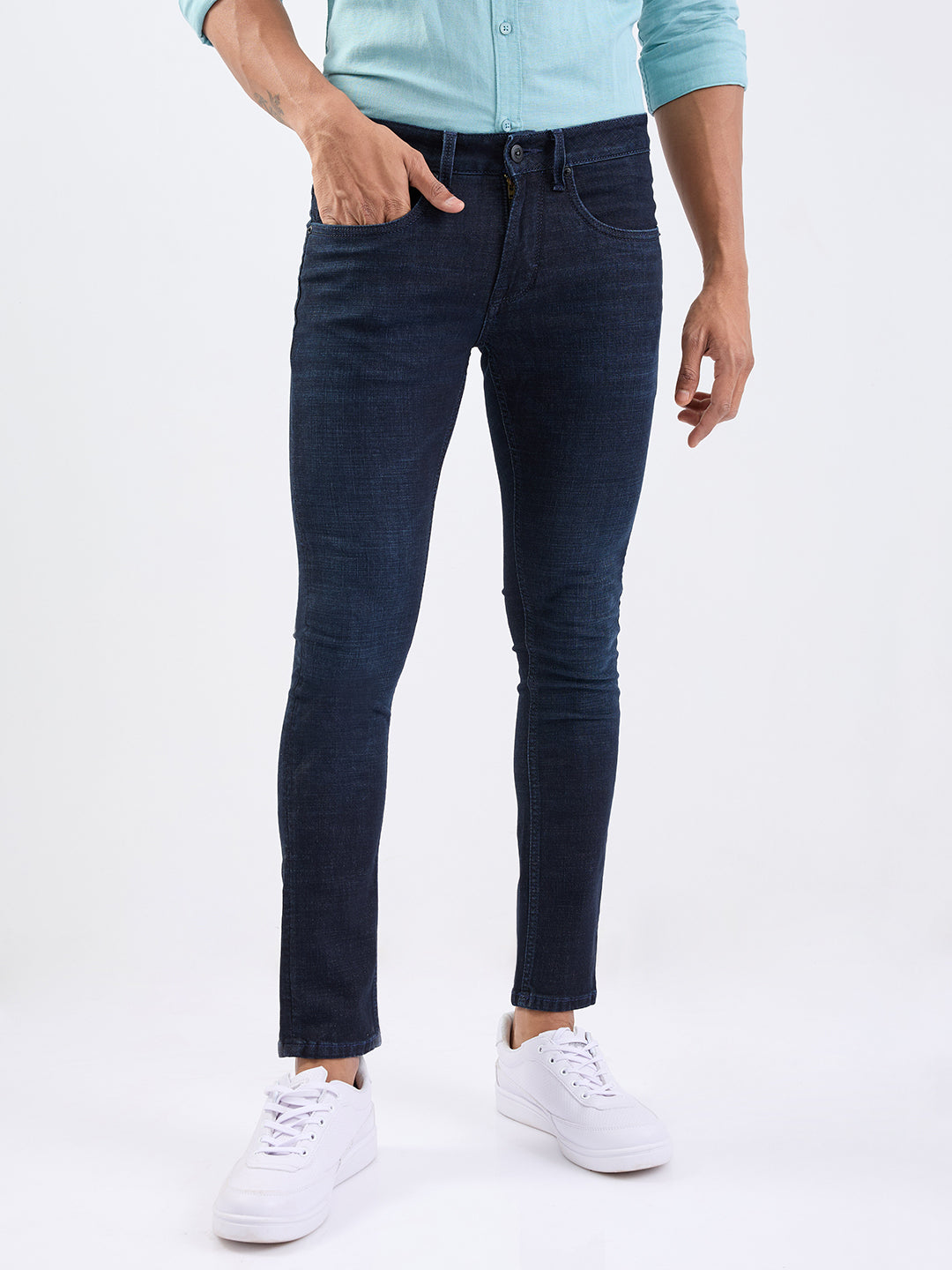 Men Jeans Slim Fit Dark Blue Low Rise