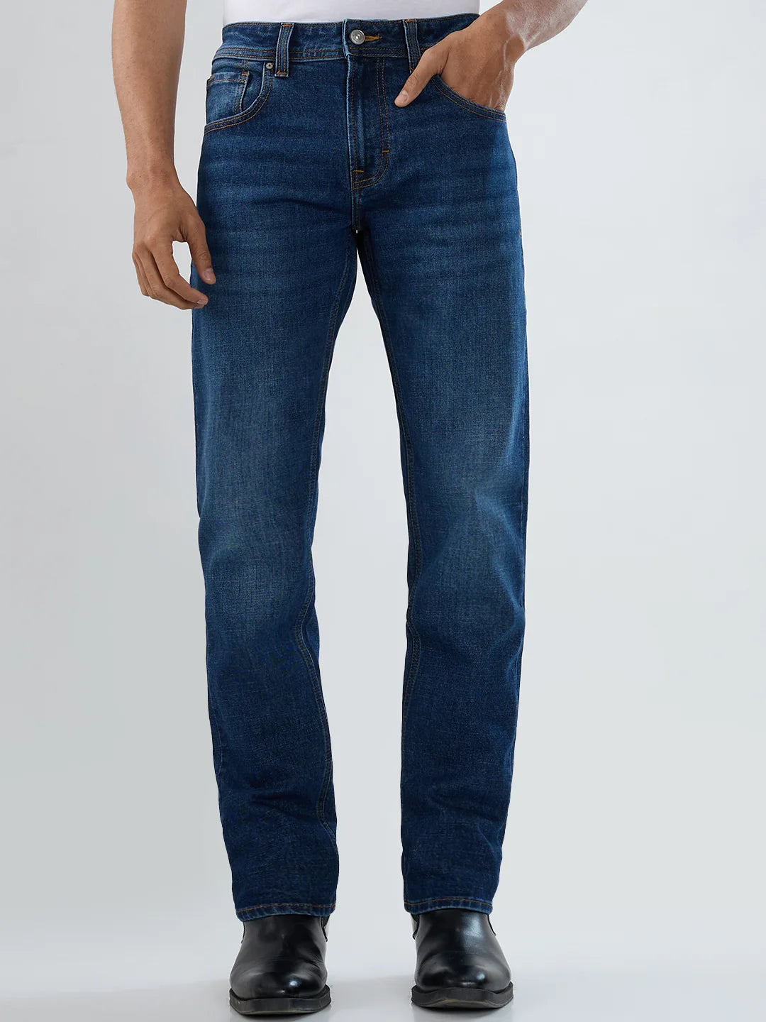 Men Dark Blue Solid Comfort Fit Mid Rise Jeans