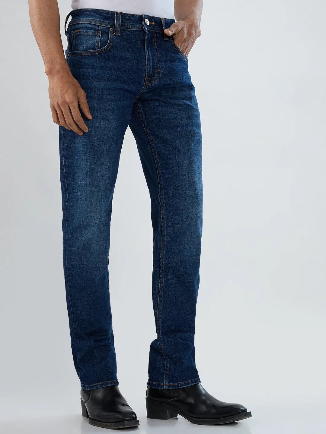 Men Jeans Comfort Fit Dark Blue Mid Rise