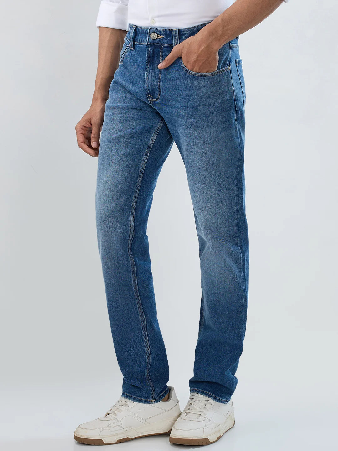 Men Jeans Comfort Fit Mid Blue Mid Rise
