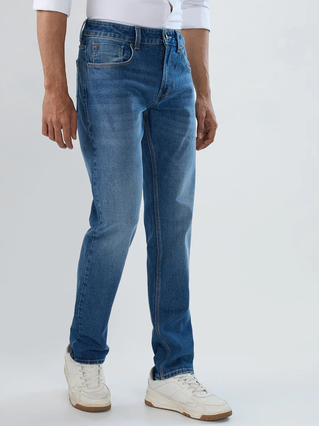 Men Jeans Comfort Fit Mid Blue Mid Rise