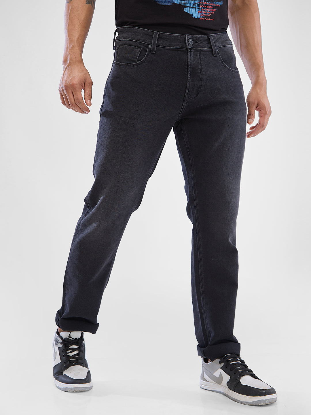 Spykar Charcoal Black Regular Jeans For Men