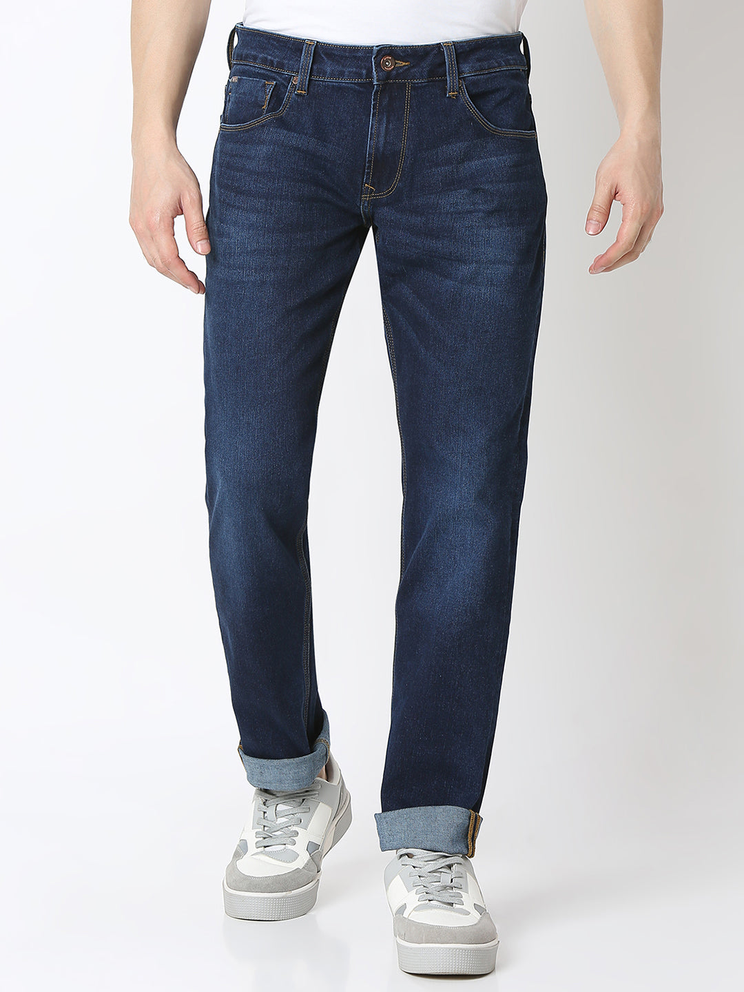 Spykar Dark Blue Mid Rise Comfort Fit Jeans For Men