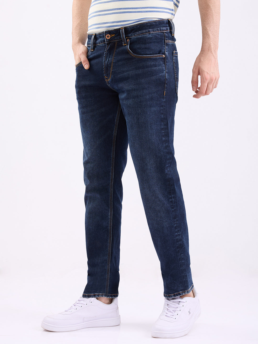 Spykar Dark Blue Mid Rise Comfort Fit Casual Jeans For Men