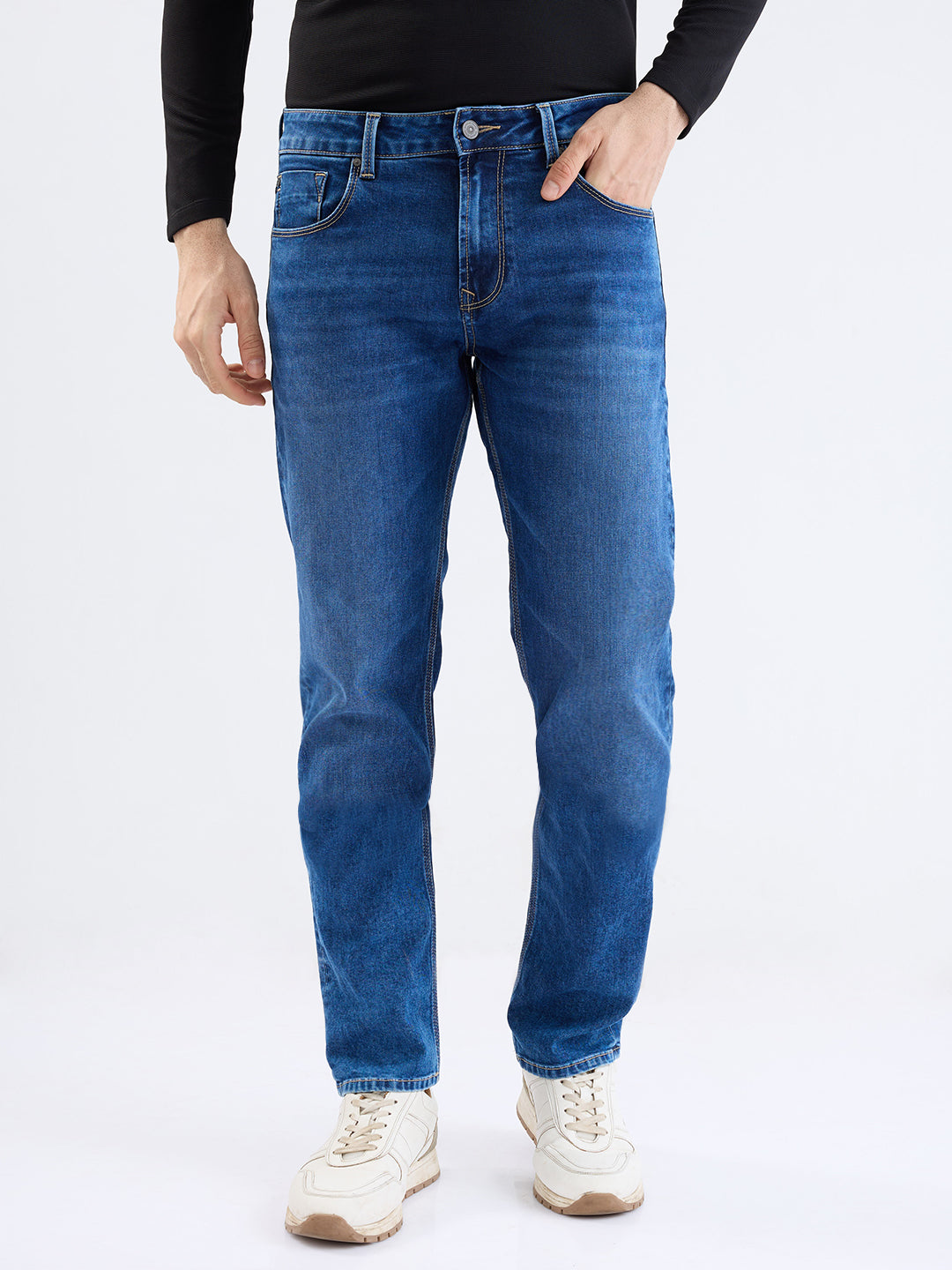 Spykar Dark Blue Mid Rise Comfort Fit Casual Jeans For Men