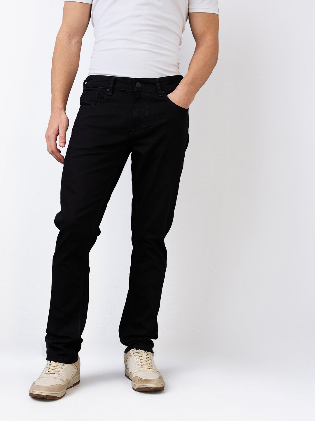 Spykar Black Mid Rise Regular Fit Casual Jeans For Men