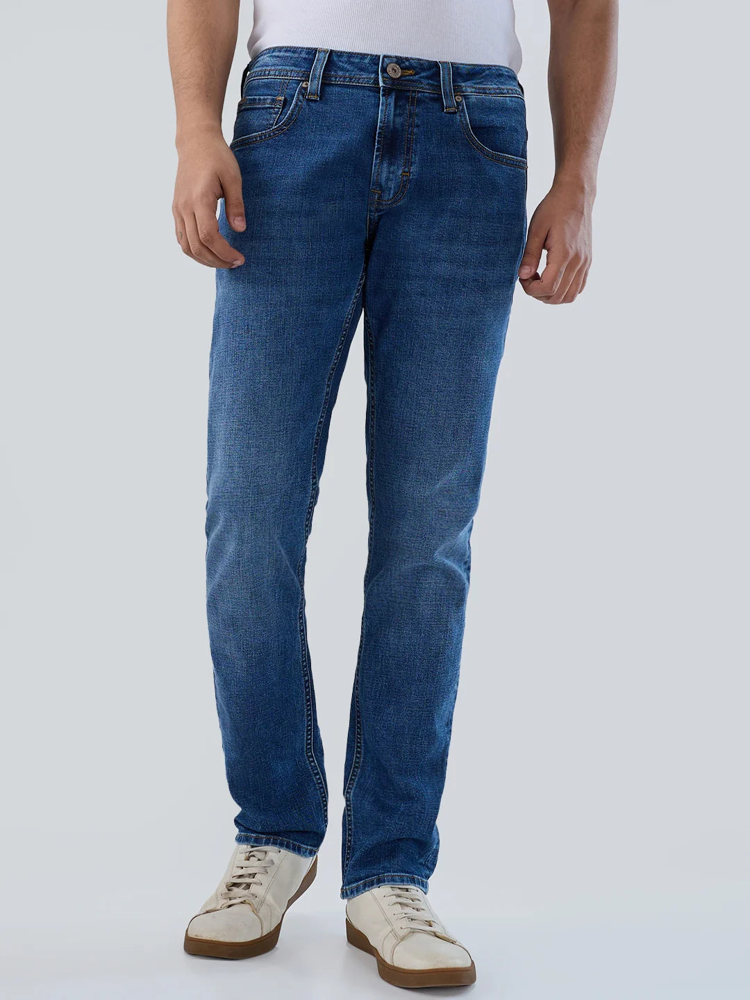 Men Jeans Regular Fit Mid Blue Mid Rise