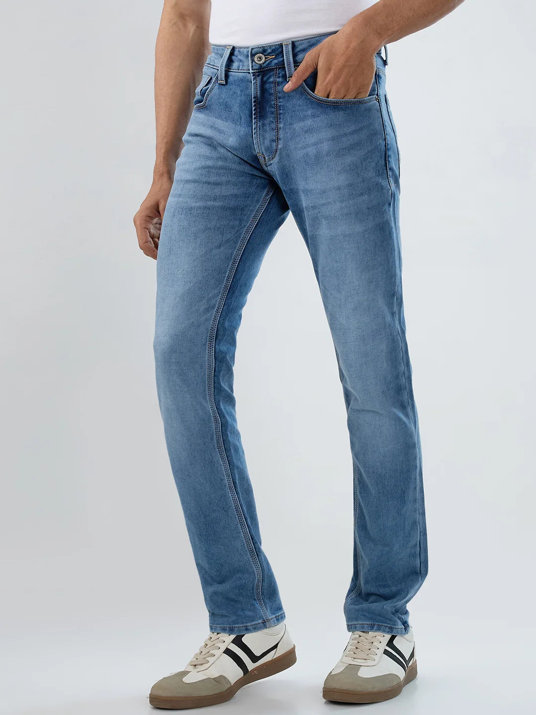 Men Jeans Regular Fit Mid Blue Mid Rise