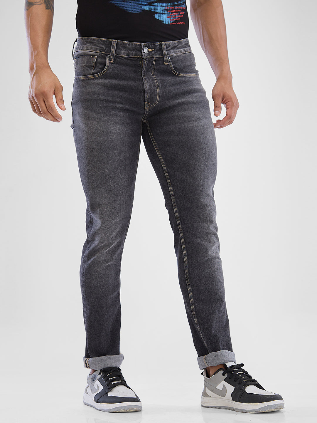 Spykar Charcoal Black Regular Jeans For Men