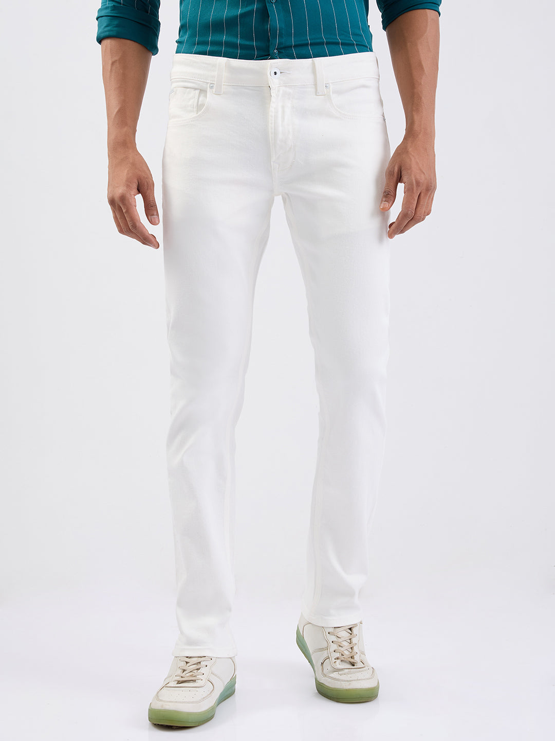 Men Jeans Regular Fit White Mid Rise