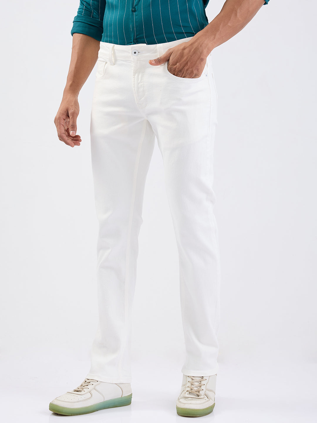 Men Jeans Regular Fit White Mid Rise