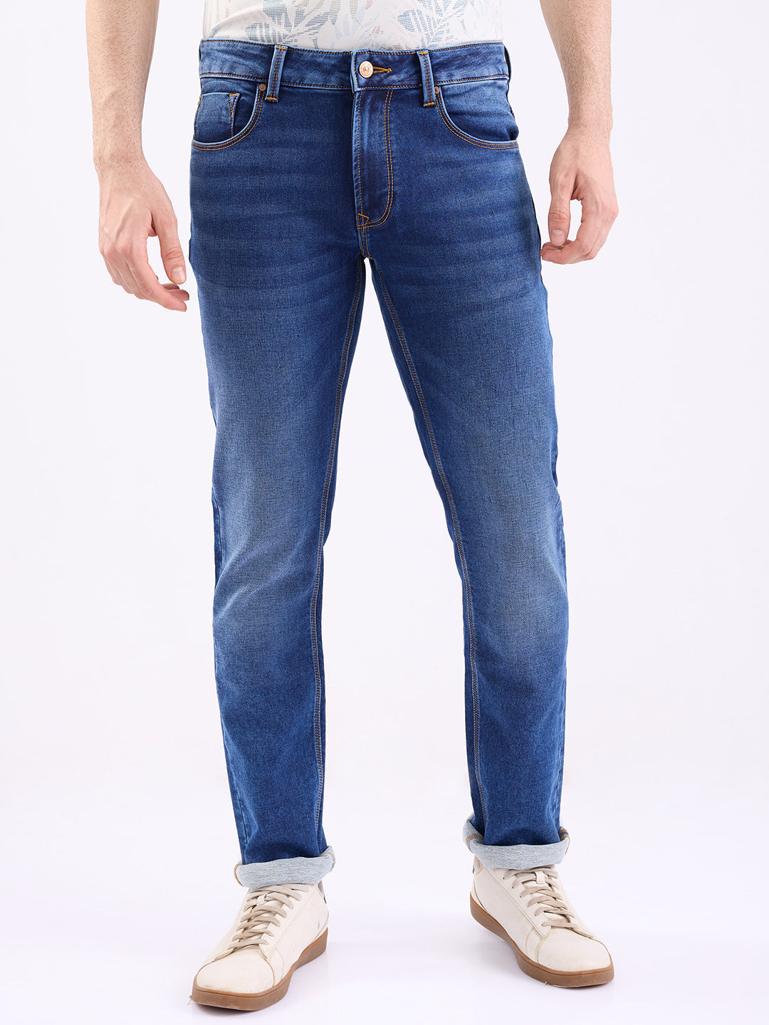 Men Jeans Regular Fit Dark Blue Mid Rise