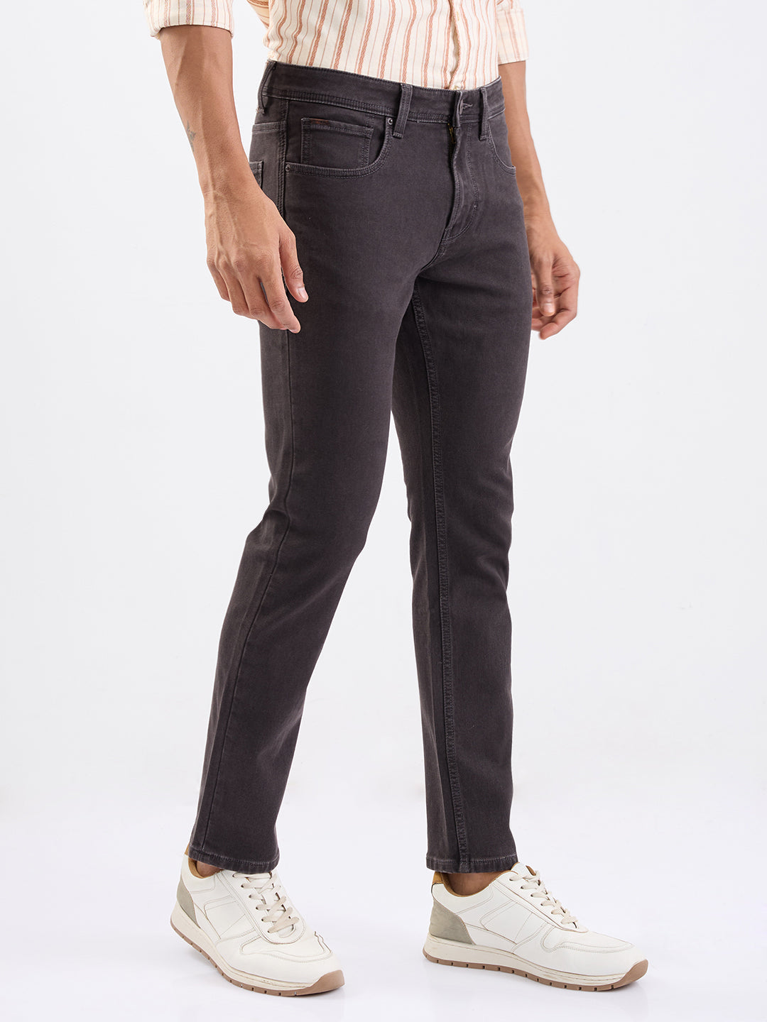 Men Jeans Regular Fit Brown Mid Rise