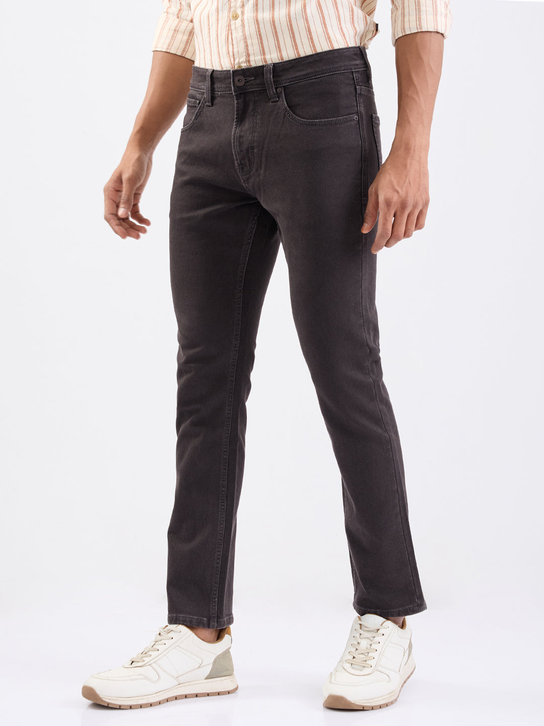Men Jeans Regular Fit Brown Mid Rise