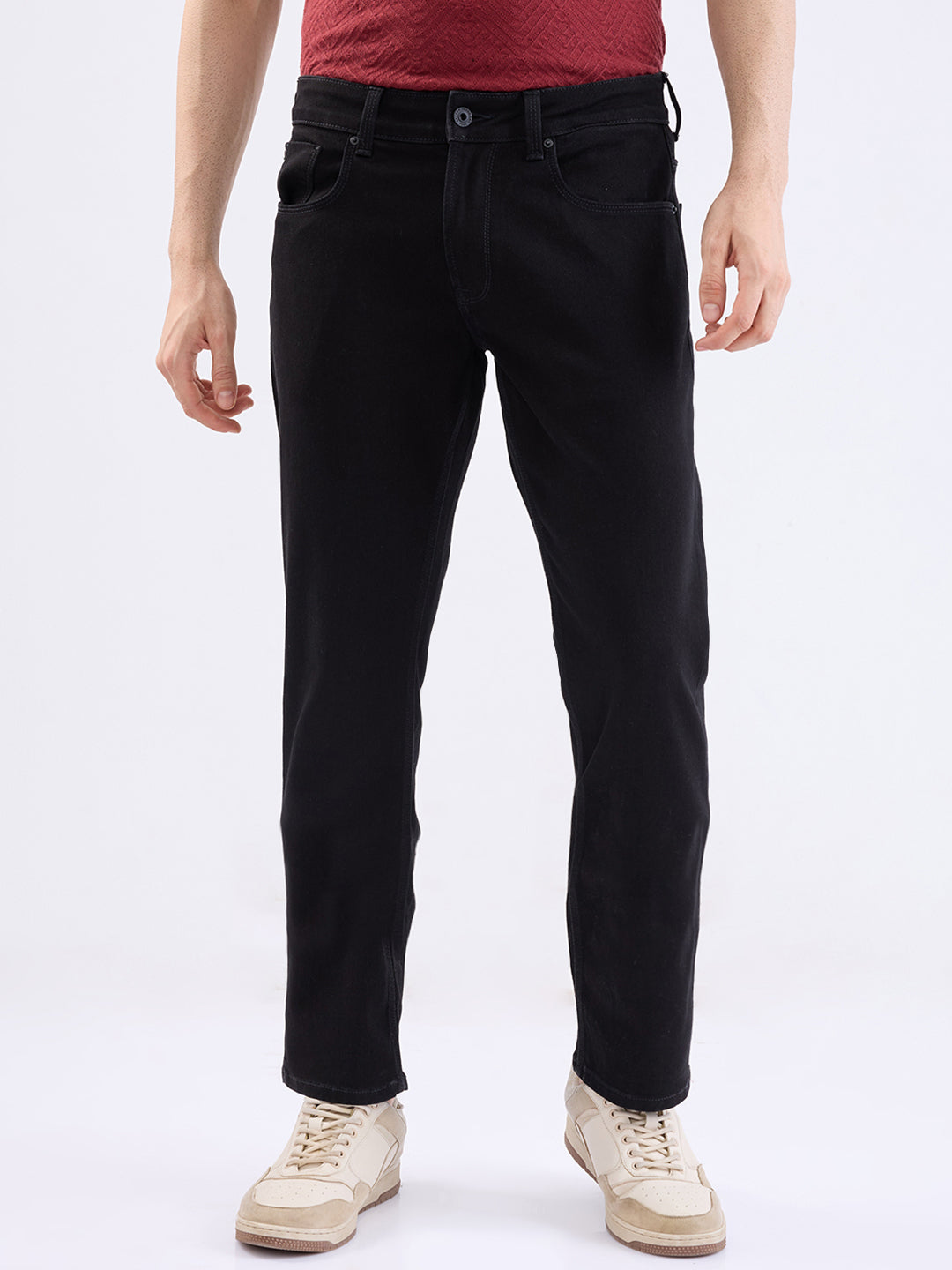 Men Jeans Regular Fit Black Mid Rise