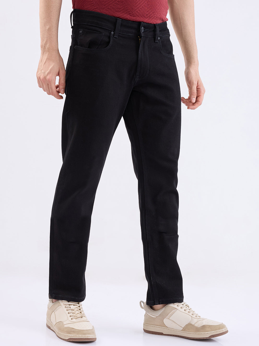 Men Jeans Regular Fit Black Mid Rise