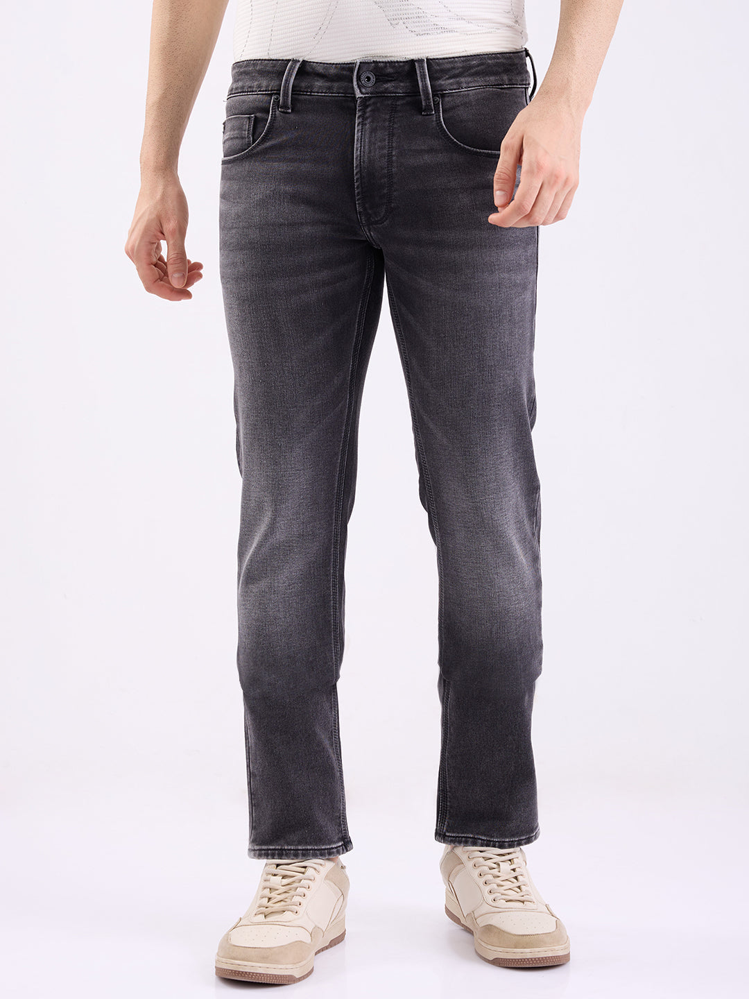 Spykar Charcoal Black Mid Rise Regular Fit Casual Jeans For Men