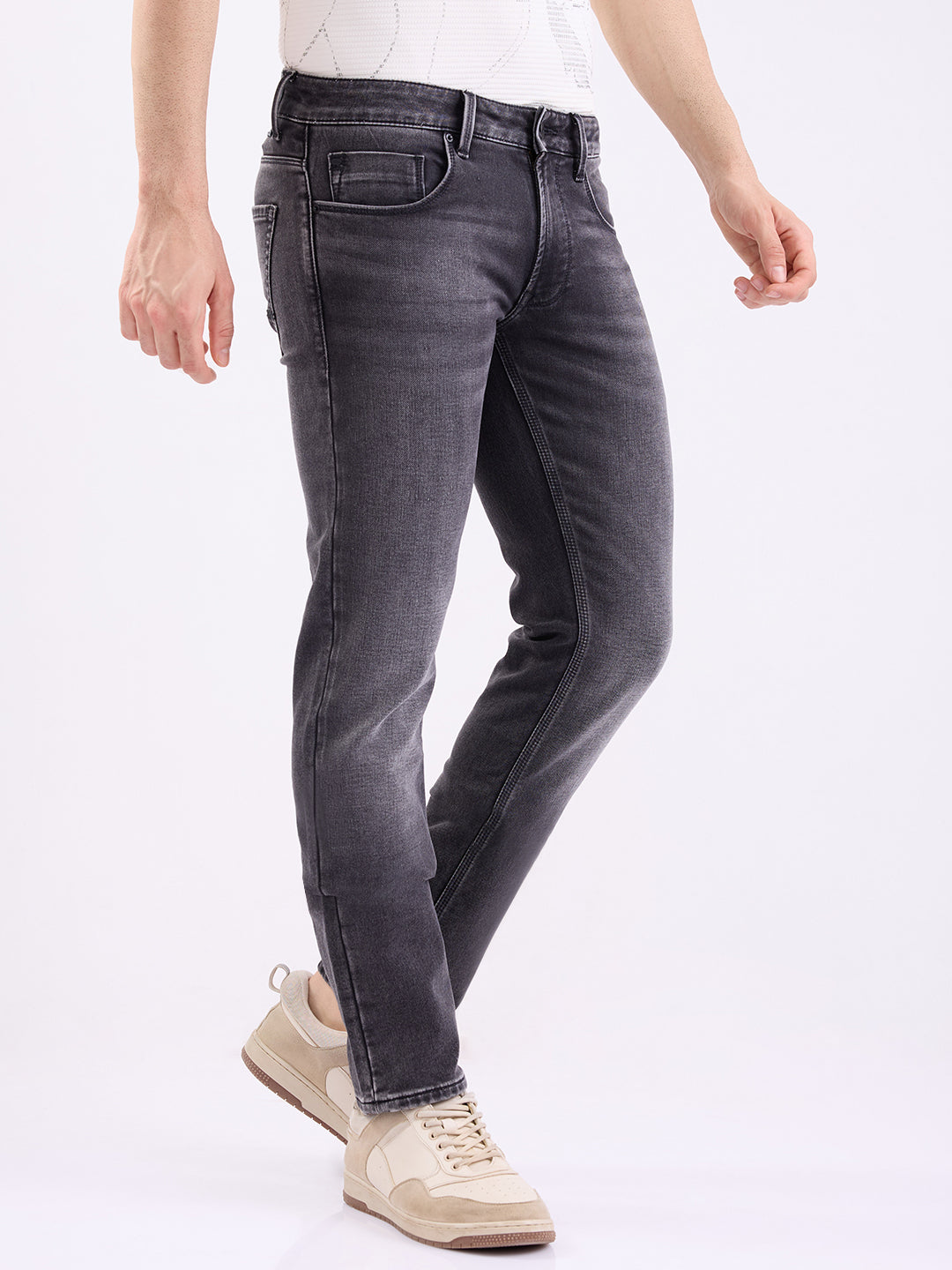Spykar Charcoal Black Mid Rise Regular Fit Casual Jeans For Men