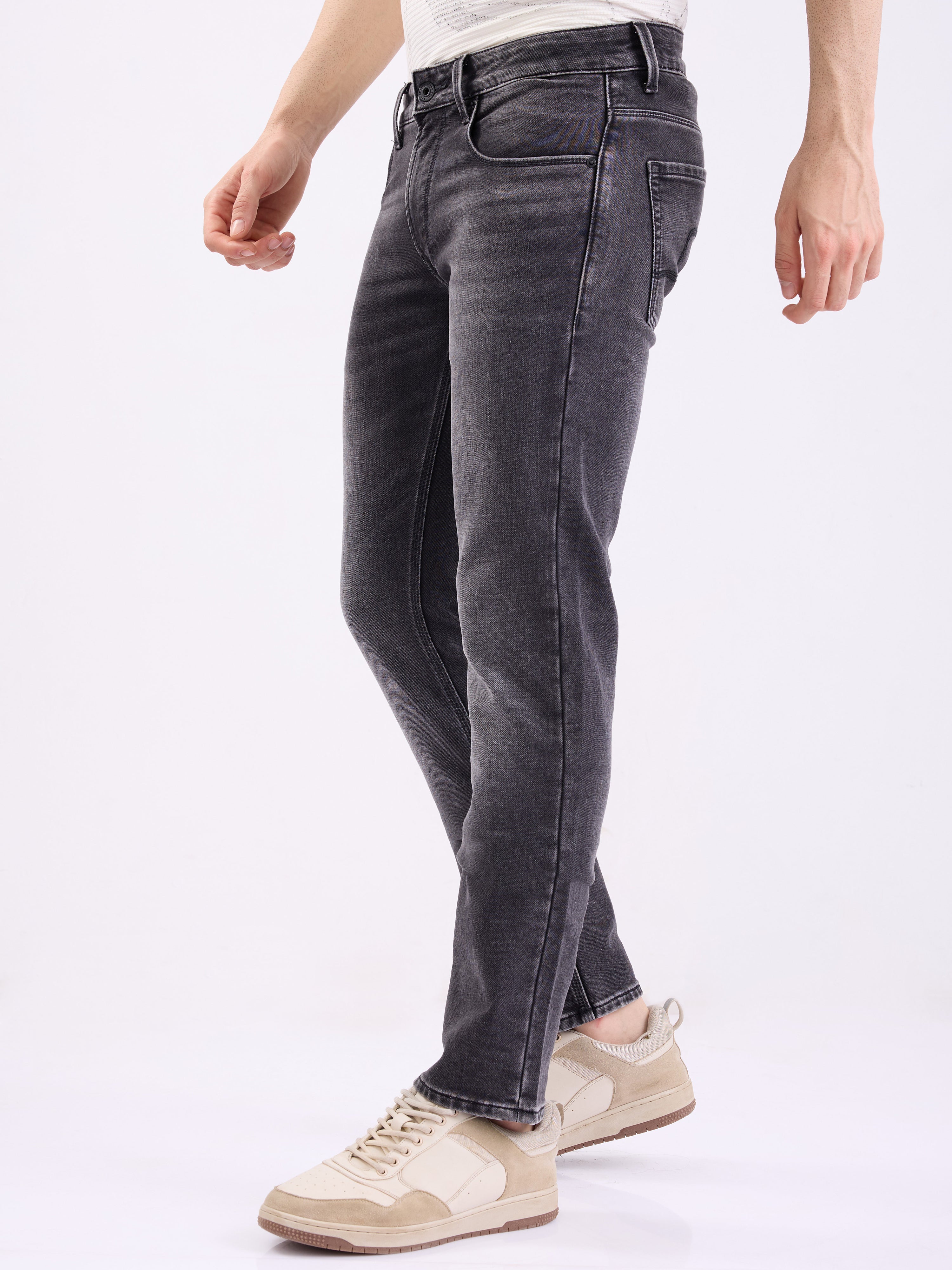 Spykar Charcoal Black Mid Rise Regular Fit Casual Jeans For Men
