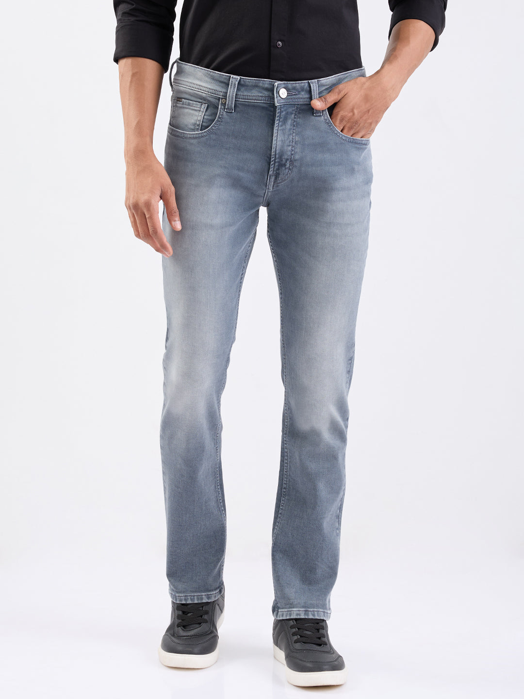 Men Jeans Regular Fit Grey Mid Rise