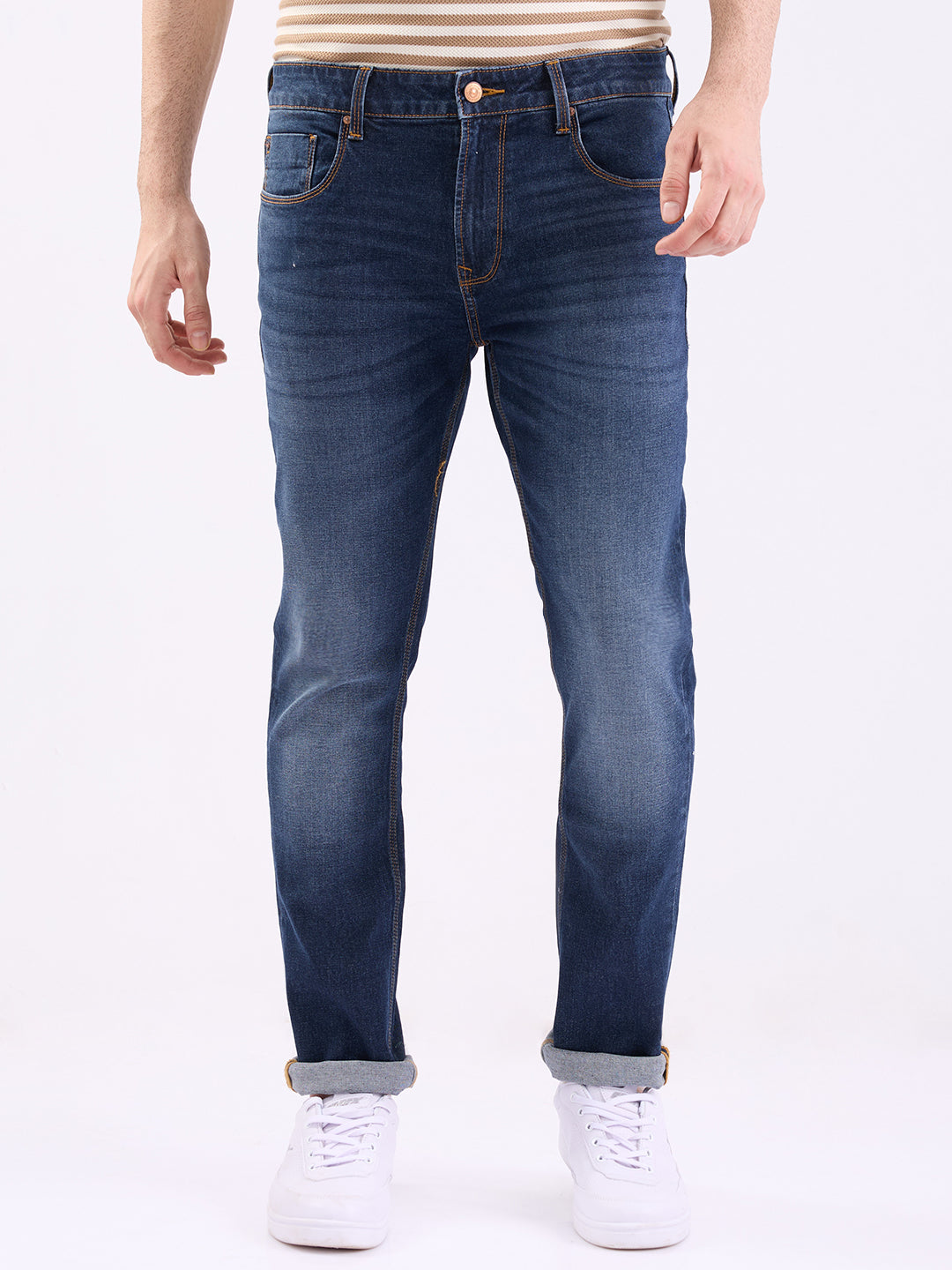Spykar Dark Blue Mid Rise Regular Fit Casual Jeans For Men