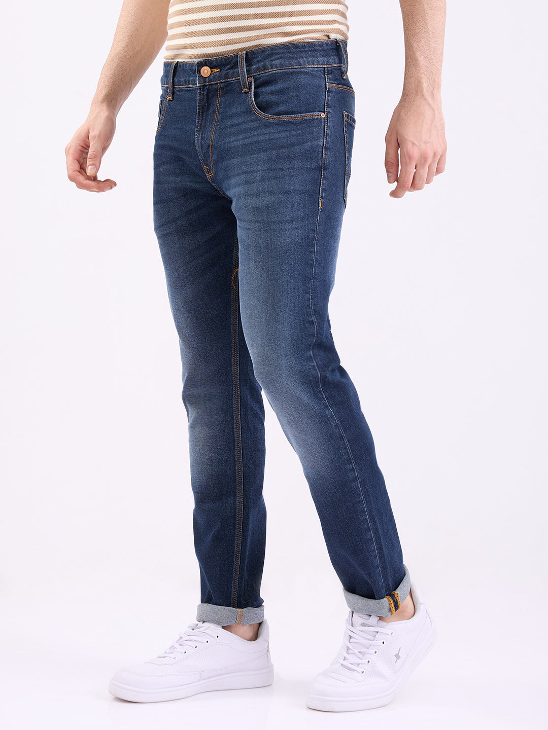Men Jeans Regular Fit Dark Blue Mid Rise