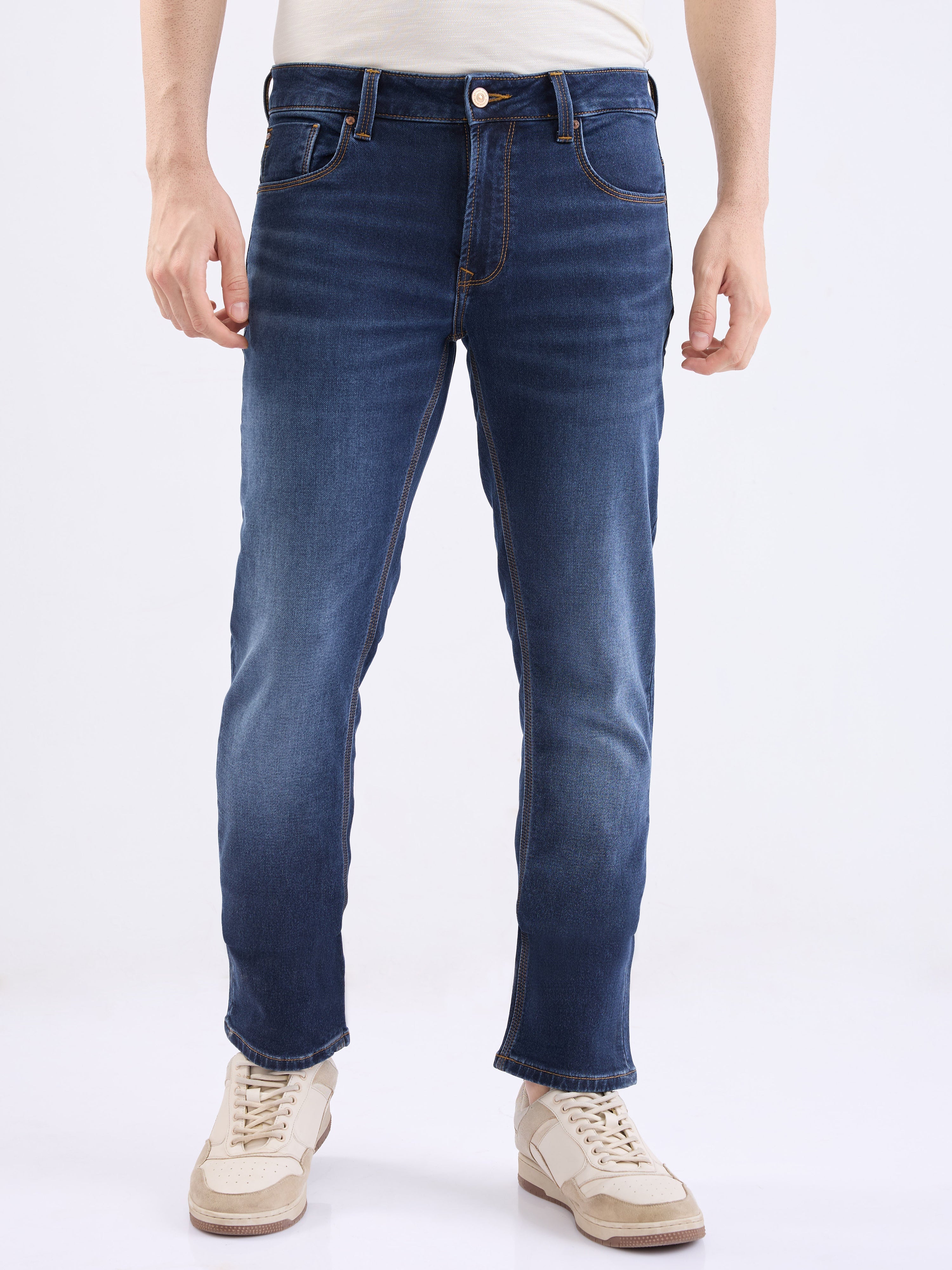 Spykar Dark Blue Mid Rise Regular Fit Casual Jeans For Men