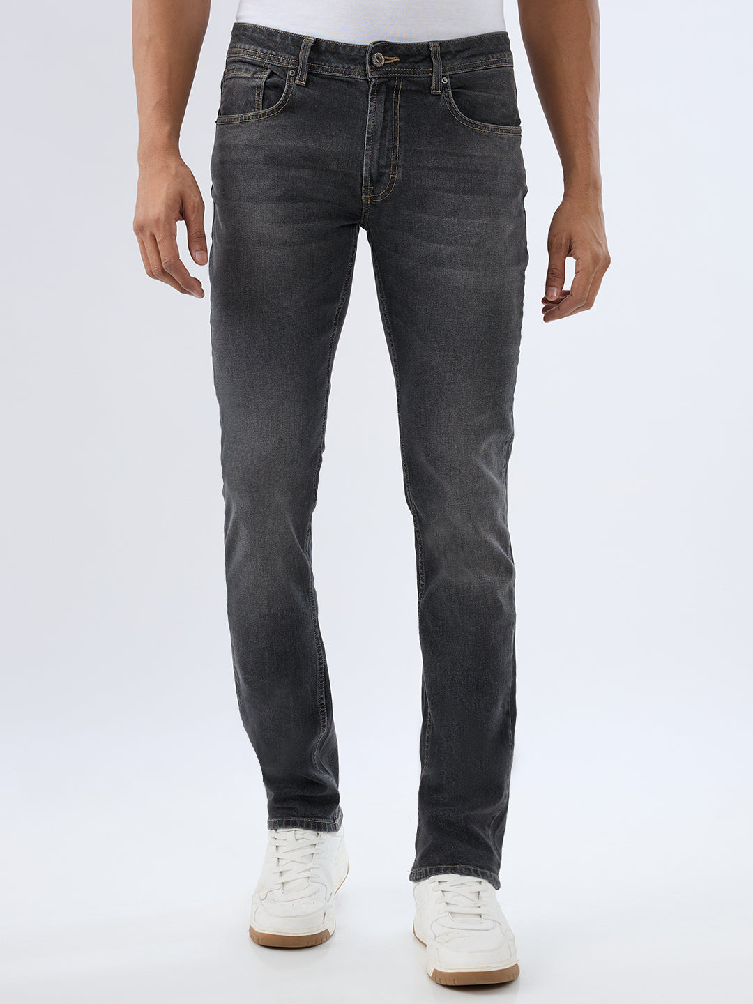 Spykar Charcoal Black Regular Fit Mid Rise Jeans For Men