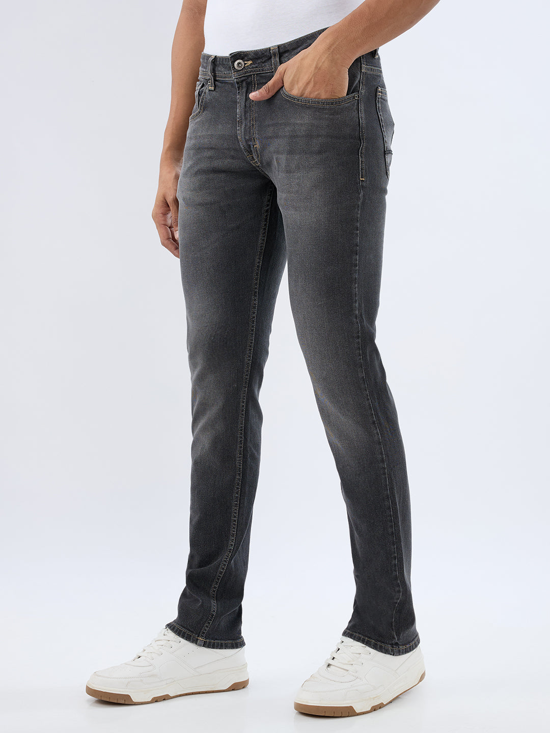 Spykar Charcoal Black Regular Fit Mid Rise Jeans For Men