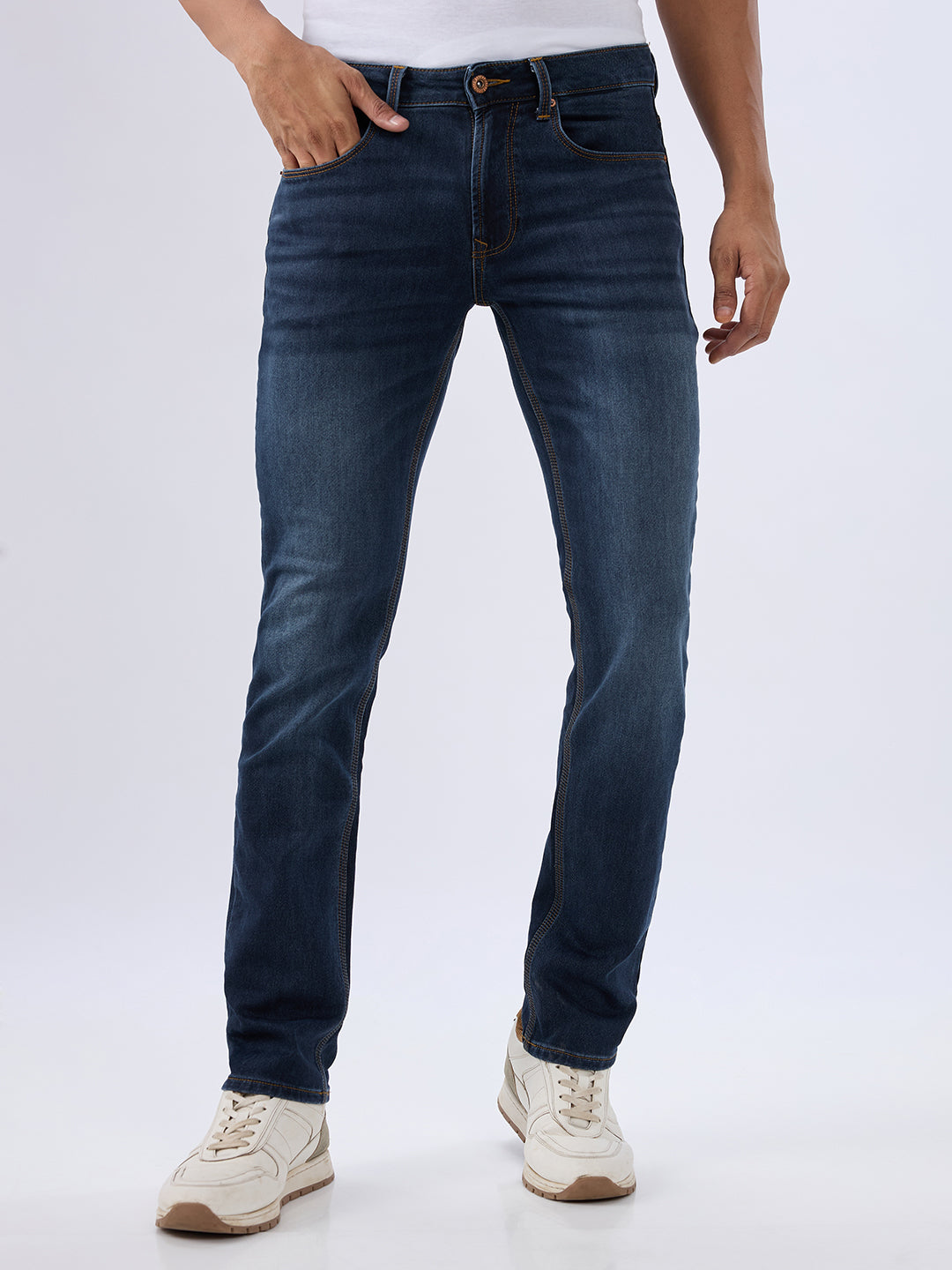 Spykar Dark Blue Regular Fit Mid Rise Jeans For Men