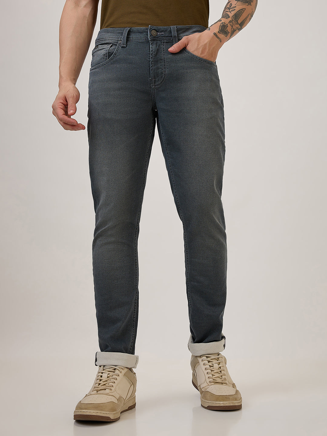 Spykar Grey Slim Fit Low Rise Casual Jeans For Men