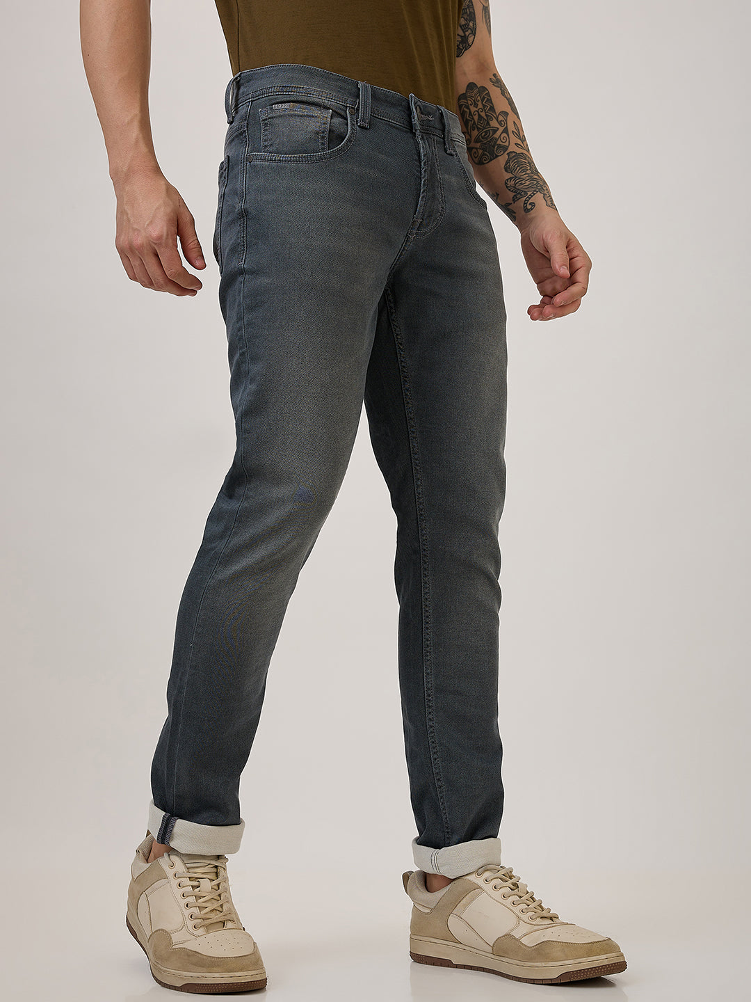 Spykar Grey Slim Fit Low Rise Casual Jeans For Men