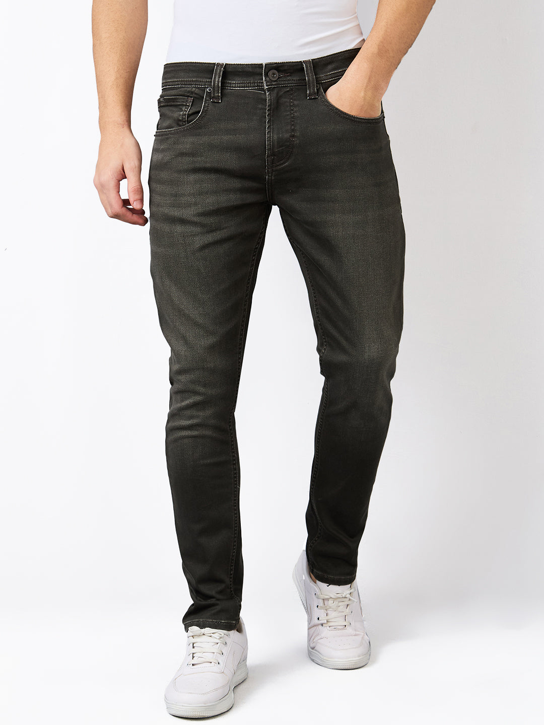 Men Jeans Slim Fit Olive Low Rise