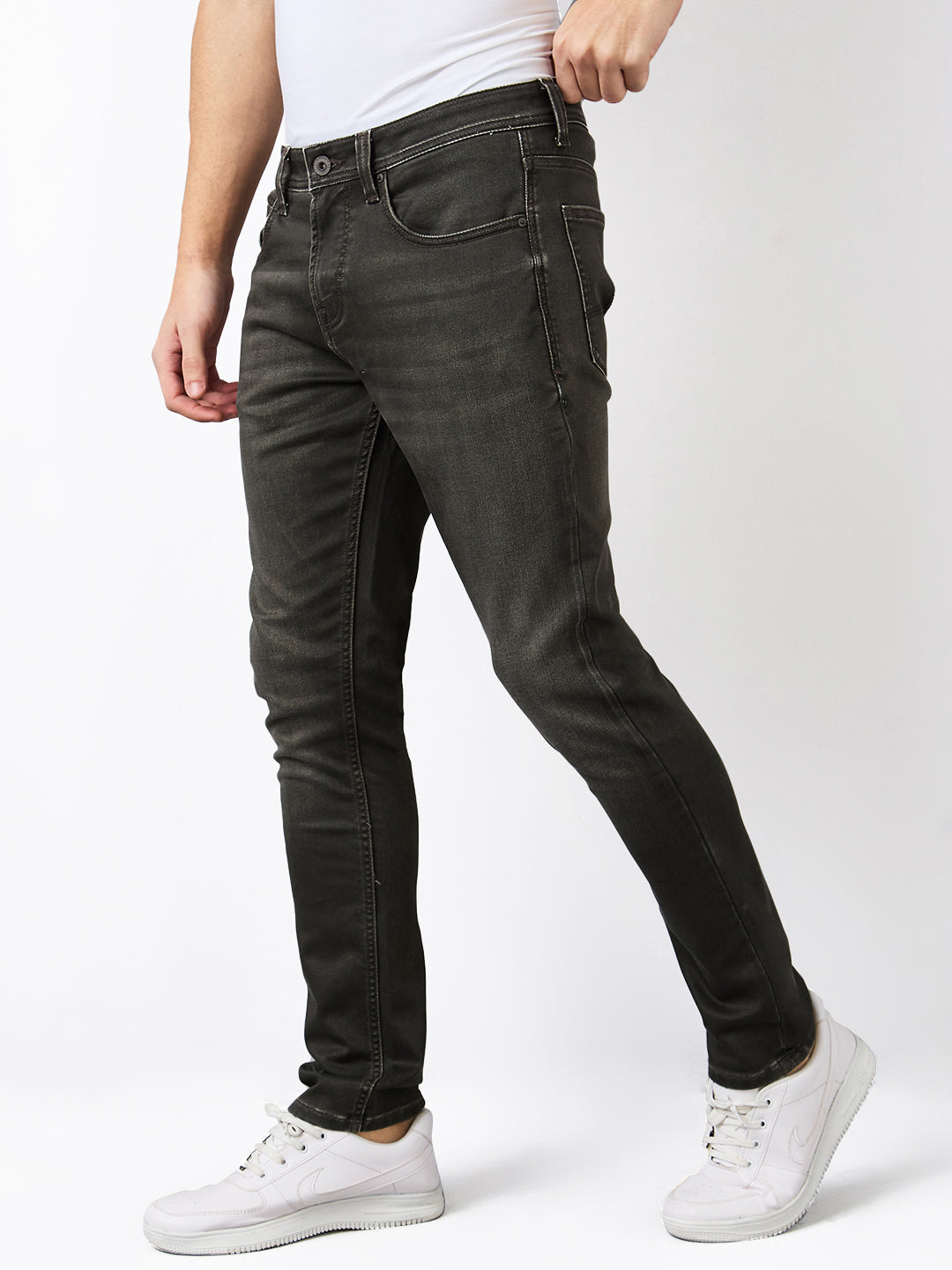 Men Jeans Slim Fit Olive Low Rise