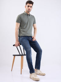 Men Jeans Slim Fit Dark Blue Low Rise