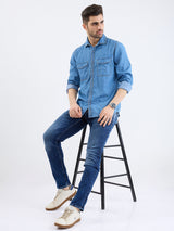 Men Jeans Slim Fit Dark Blue Low Rise