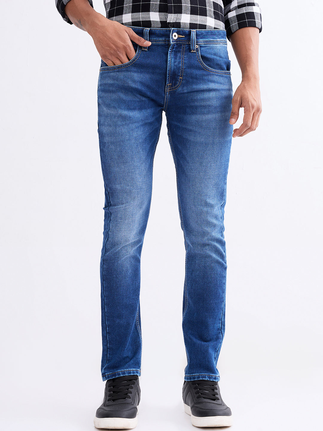 Men Jeans Slim Fit Dark Blue Low Rise