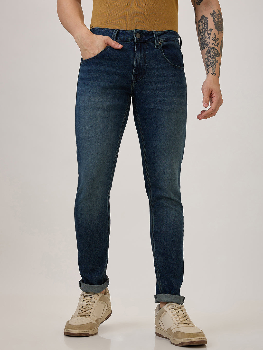 Spykar Vintage Blue Slim Fit Low Rise Jeans For Men