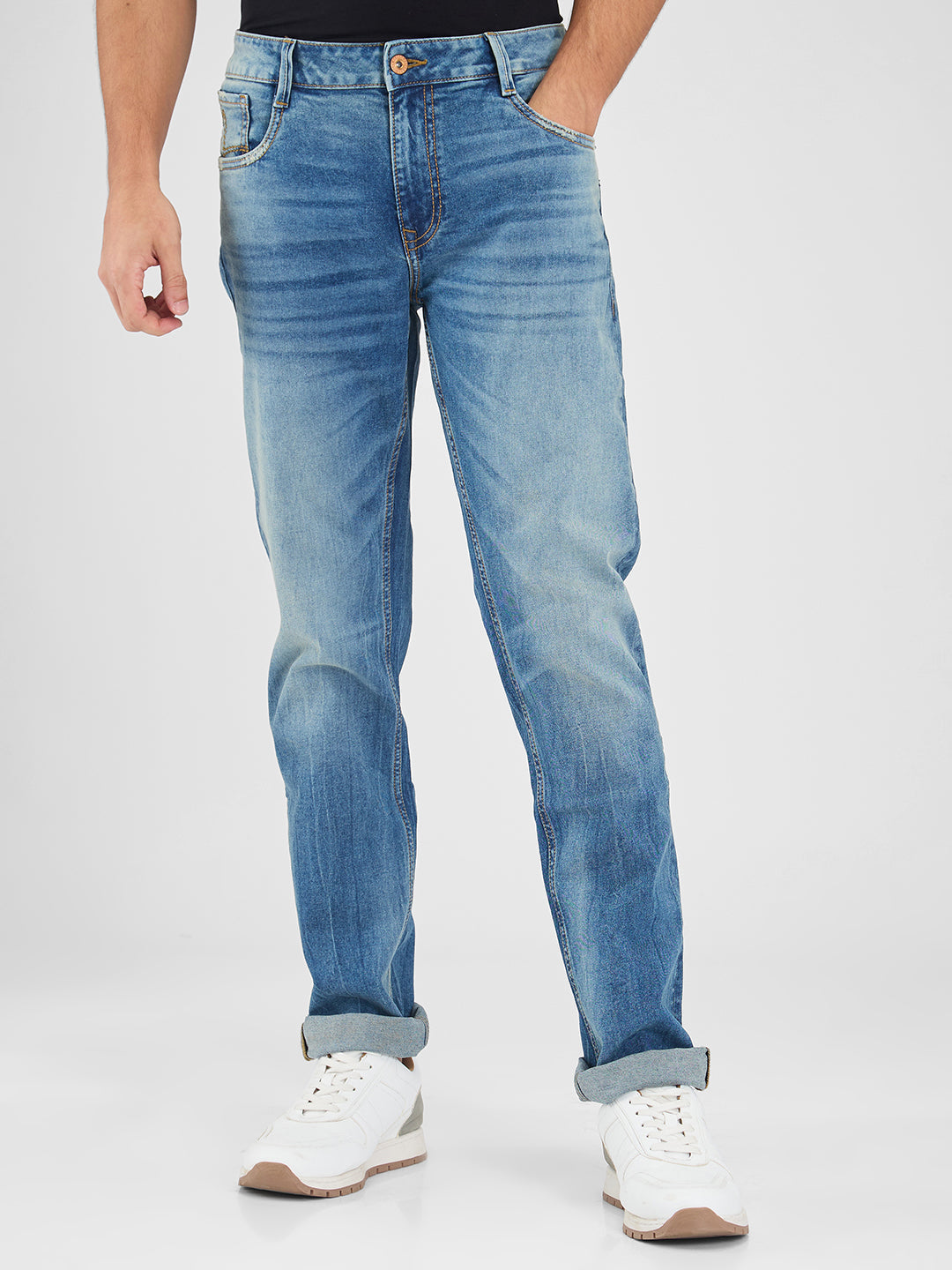 Spykar Blue Regular Fit Mid Rise Jeans For Men