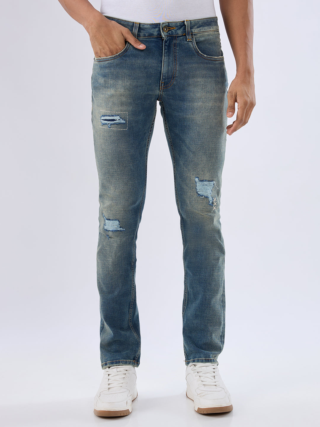 Spykar Vintage Blue Regular Fit Mid Rise Jeans For Men