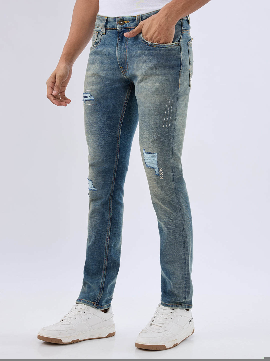 Spykar Vintage Blue Regular Fit Mid Rise Jeans For Men