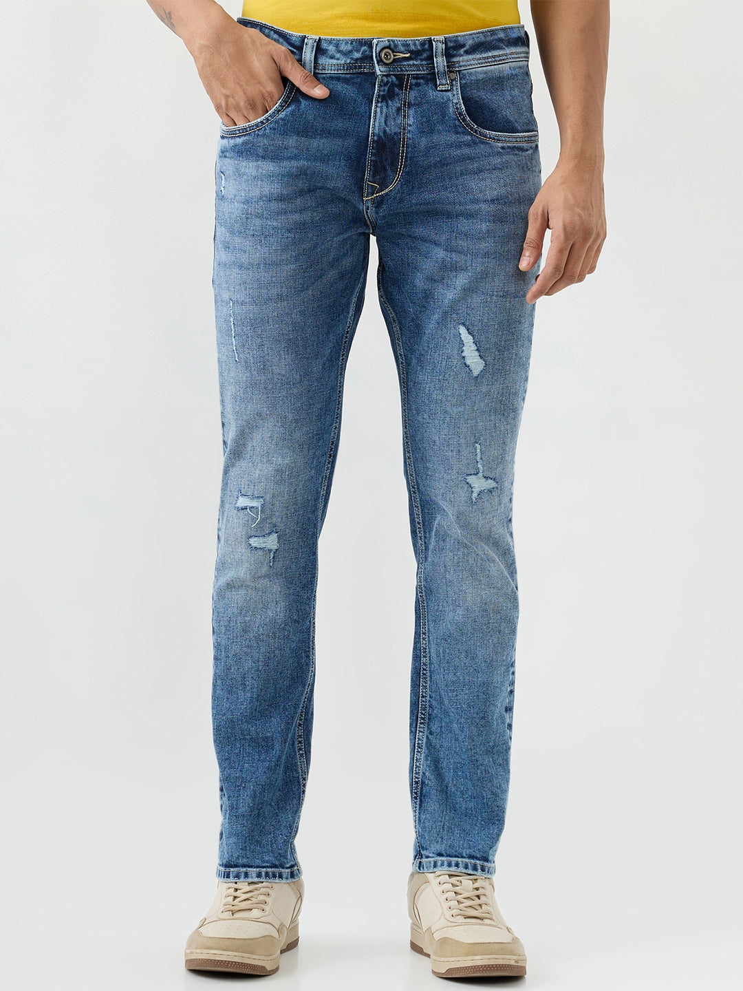 Spykar Mid Blue Regular Fit Mid Rise Jeans For Men