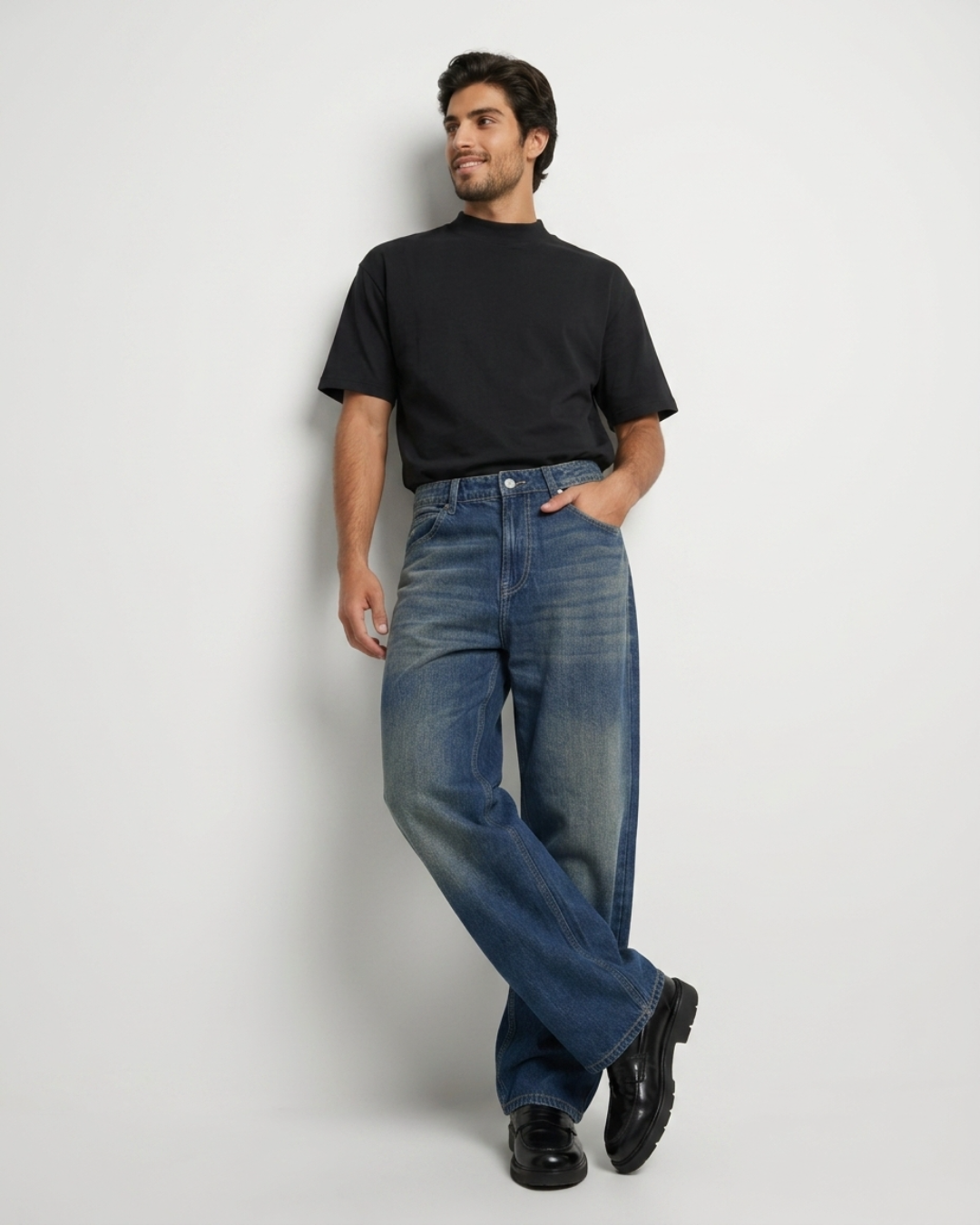 Men Ikemen Jeans Loose Fit Vintage Blue Low Rise